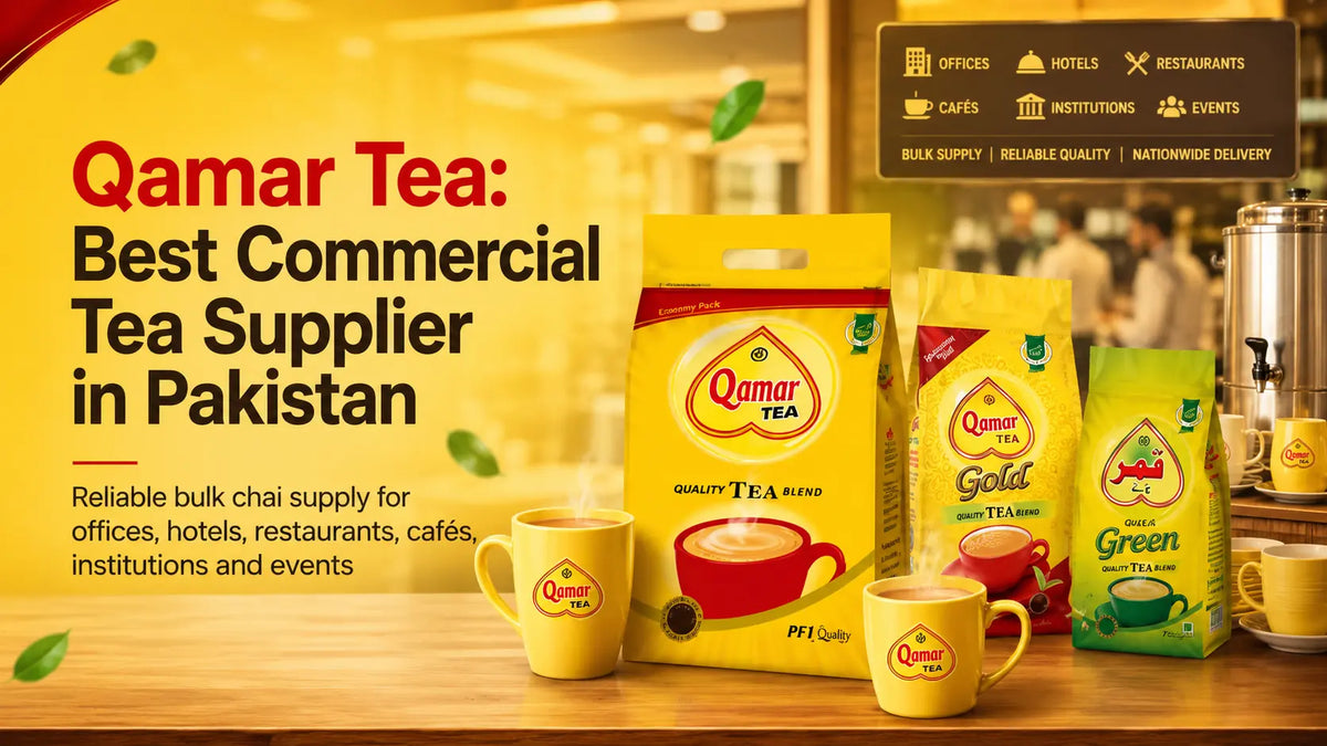 Qamar Tea commercial tea supplier in Pakistan featuring Qamar Tea PF1, Gold and Green tea packs with branded cups, serving offices, hotels, restaurants, cafés, institutions and events.