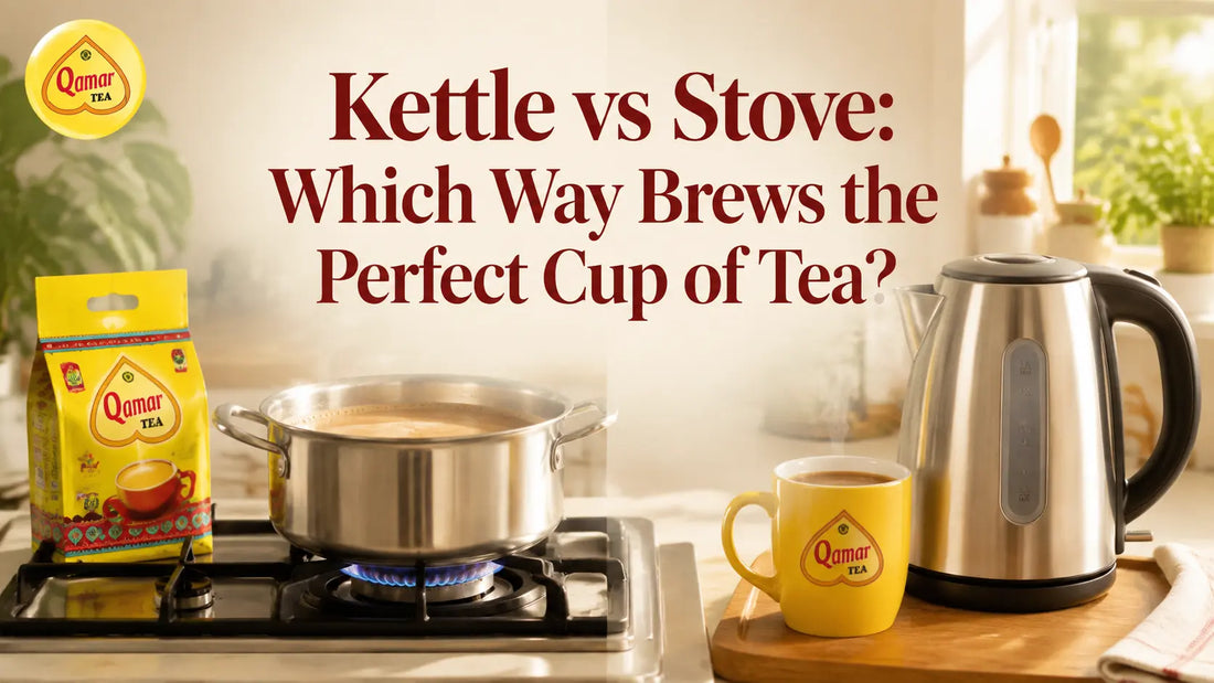 Qamar Tea pack with a stovetop tea pot, electric kettle, and yellow tea cup comparing kettle and stove tea brewing methods.