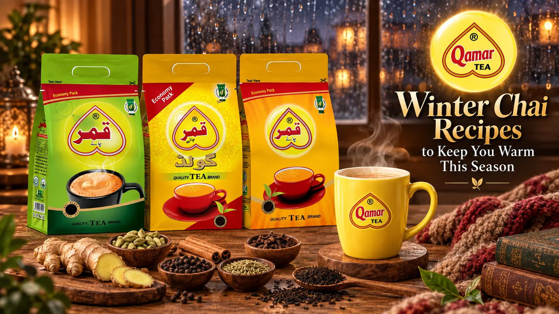 Qamar Tea packs with a steaming chai cup, ginger and winter spices for warming winter chai recipes