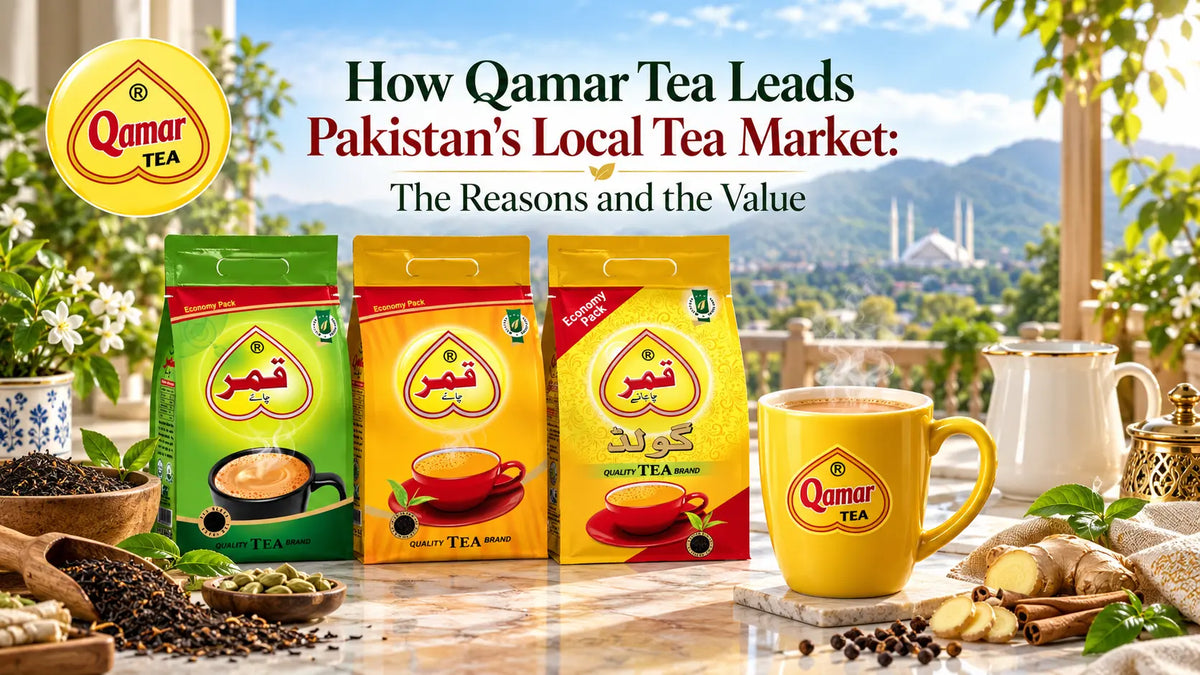 Qamar Tea products and tea cup highlighting Qamar Tea as a leading local tea brand in Pakistan