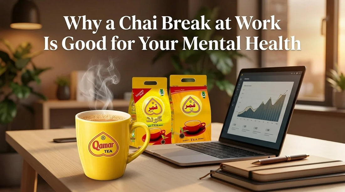 Qamar Tea cup and tea packs on an office desk during a relaxing chai break
