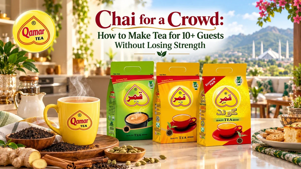 Qamar Tea packs with a steaming chai cup for making strong tea for 10 or more guests