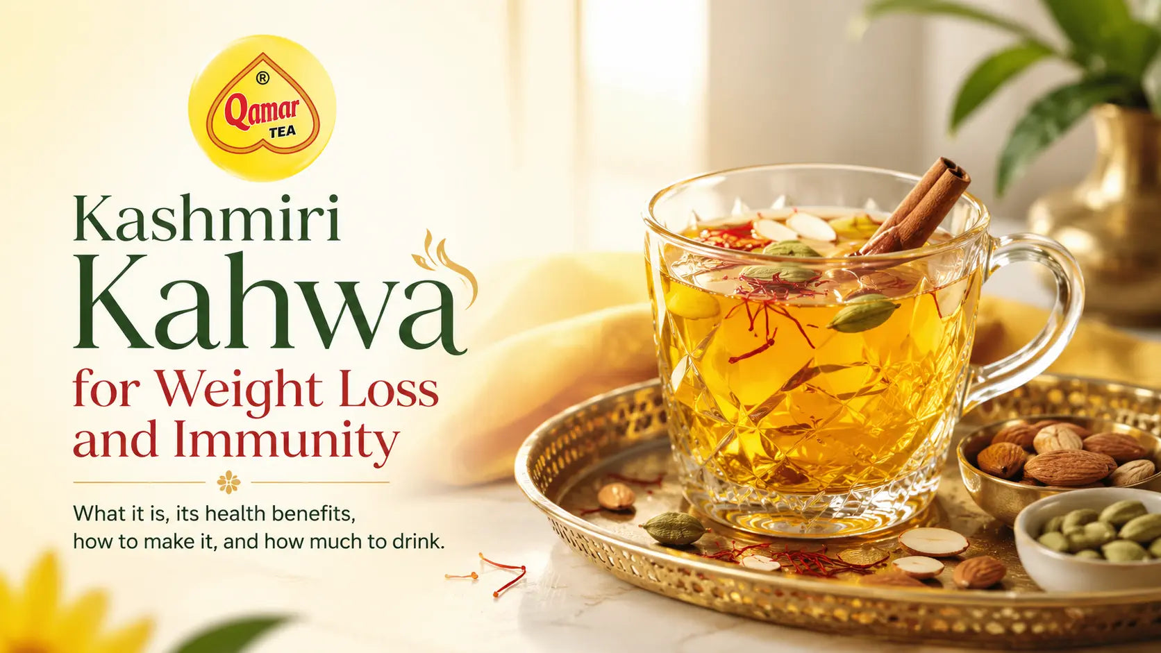 Traditional Kashmiri Kahwa tea served on a golden tray with almonds and cardamom next to immunity health text.
