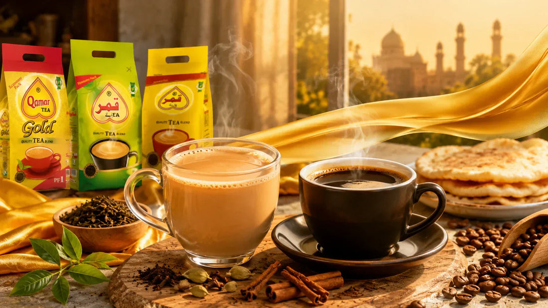 Steaming cups of tea and coffee served with spices and parathas next to Qamar Tea Gold packs against a scenic backdrop.