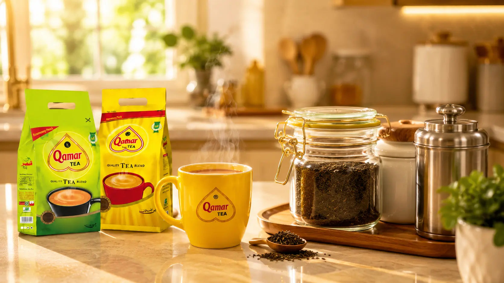Hot milk tea in a branded yellow mug, displayed with loose tea leaves, a glass storage jar, and product packs.