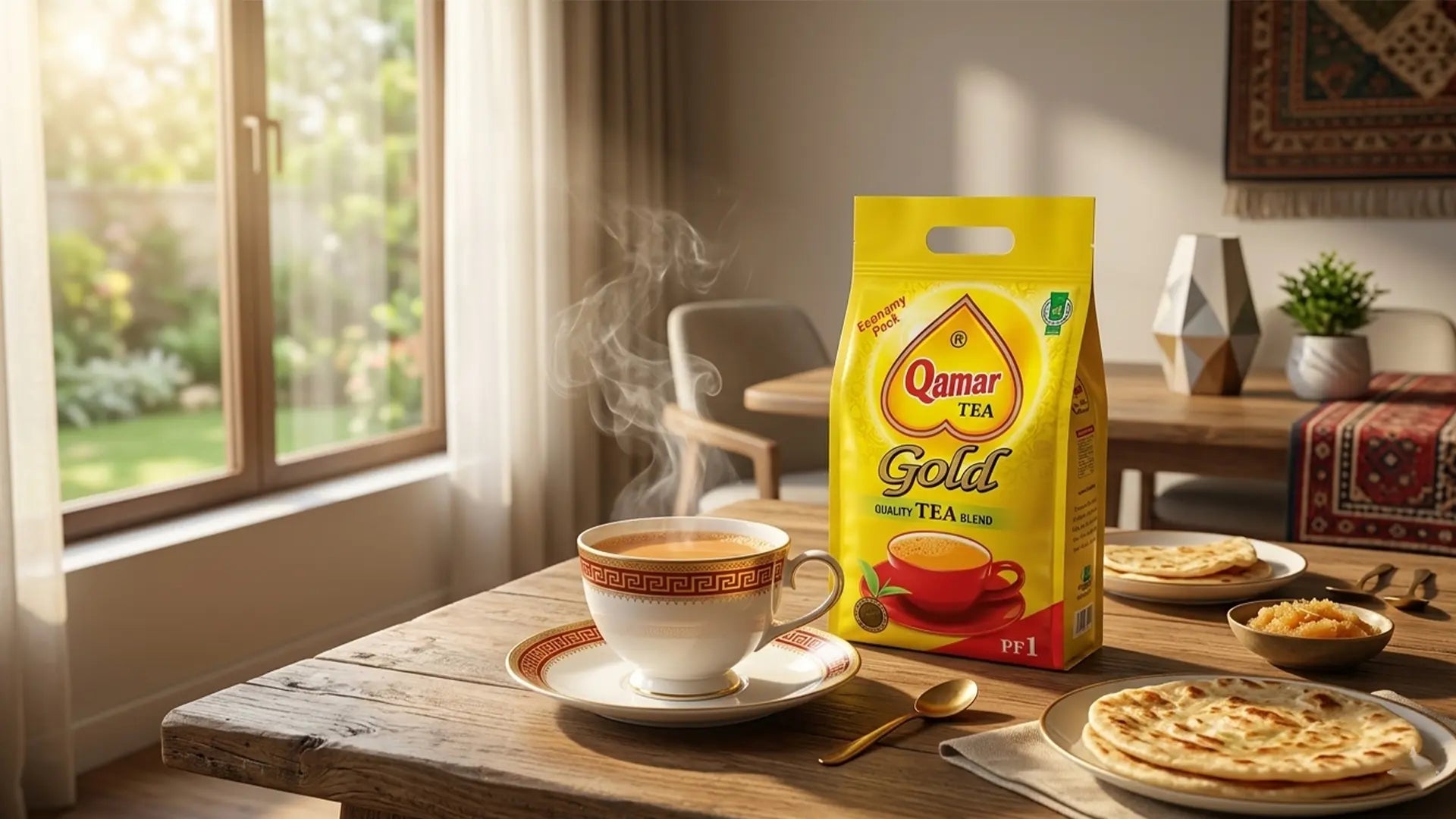 Steaming hot tea and parathas on a wooden table next to a yellow pack of Qamar Gold tea.