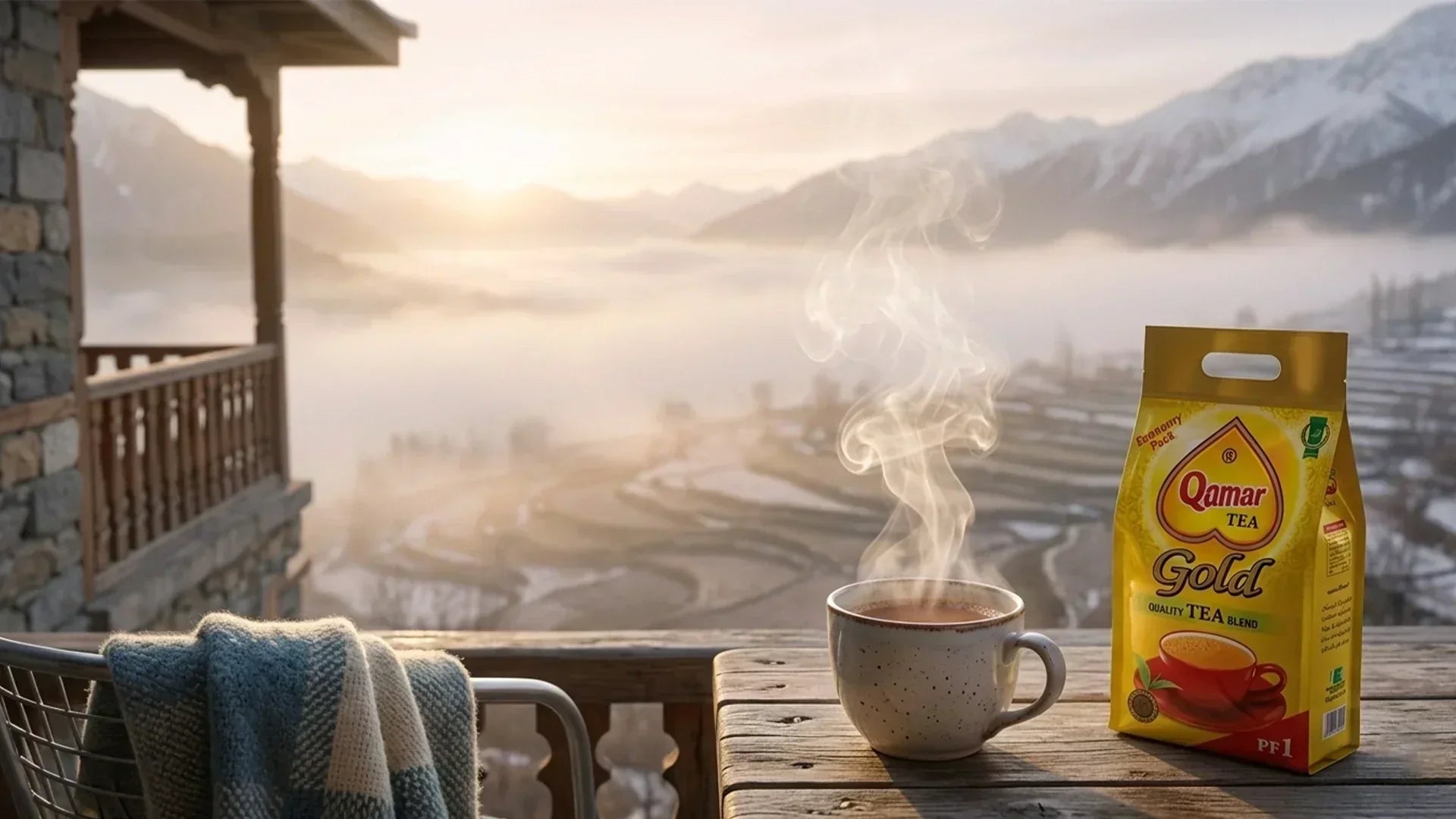 A steaming mug of tea next to a yellow pack of Qamar Gold tea on a balcony overlooking misty mountains.