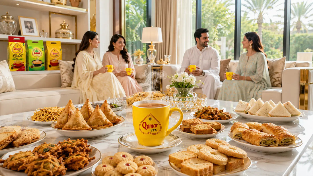 A hot cup of tea surrounded by evening snacks, pastries, and biscuits in a bright living room.