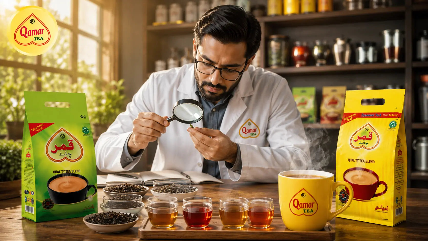 A quality assurance specialist evaluating loose tea leaves beside multiple brewed tea cups and Qamar Tea blends.