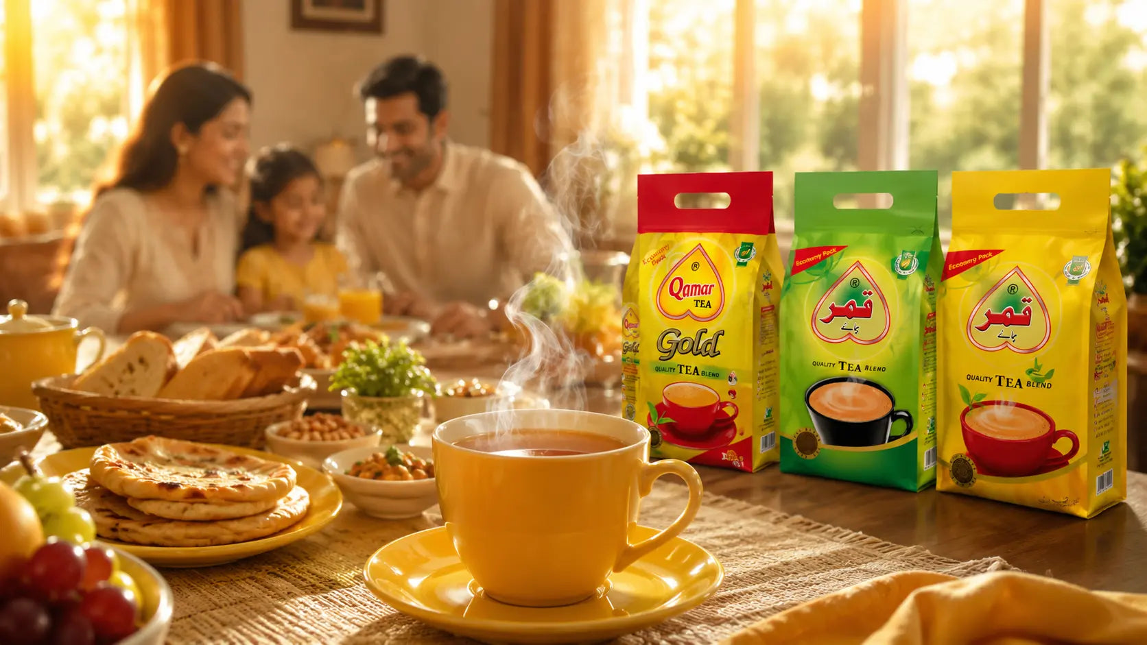 Assorted premium tea blend packaging displayed together on a warm, textured surface.