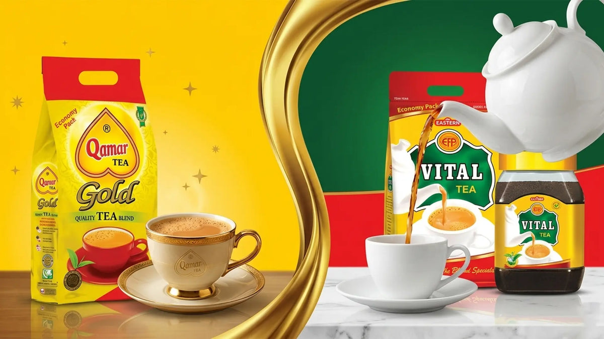 Promotional banner for Qamar Tea Gold and Vital Tea products featuring tea being poured into cups.