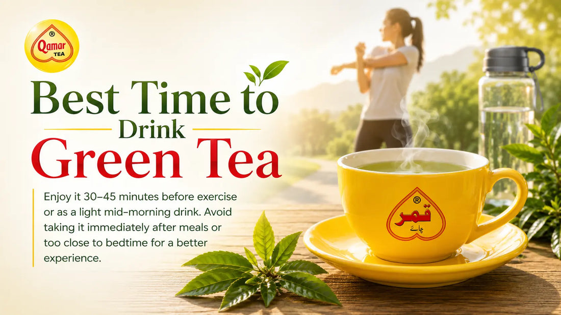 Health graphic explaining the best time to drink green tea alongside a yellow mug and a blurred woman exercising.