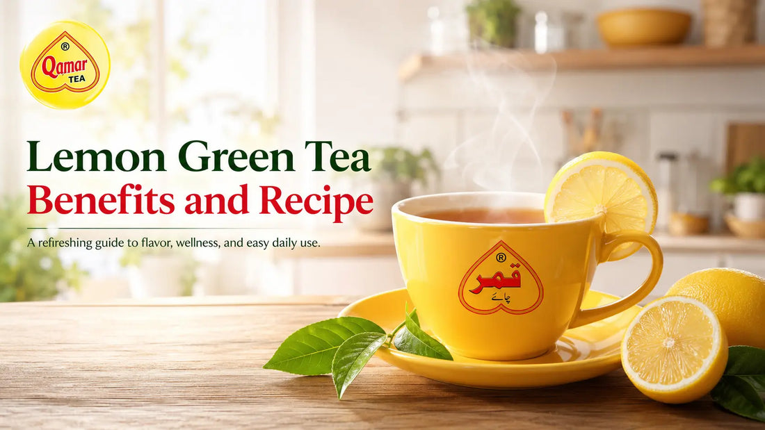 Promotional wellness banner for lemon green tea benefits, featuring a hot yellow mug and sliced citrus on a table.