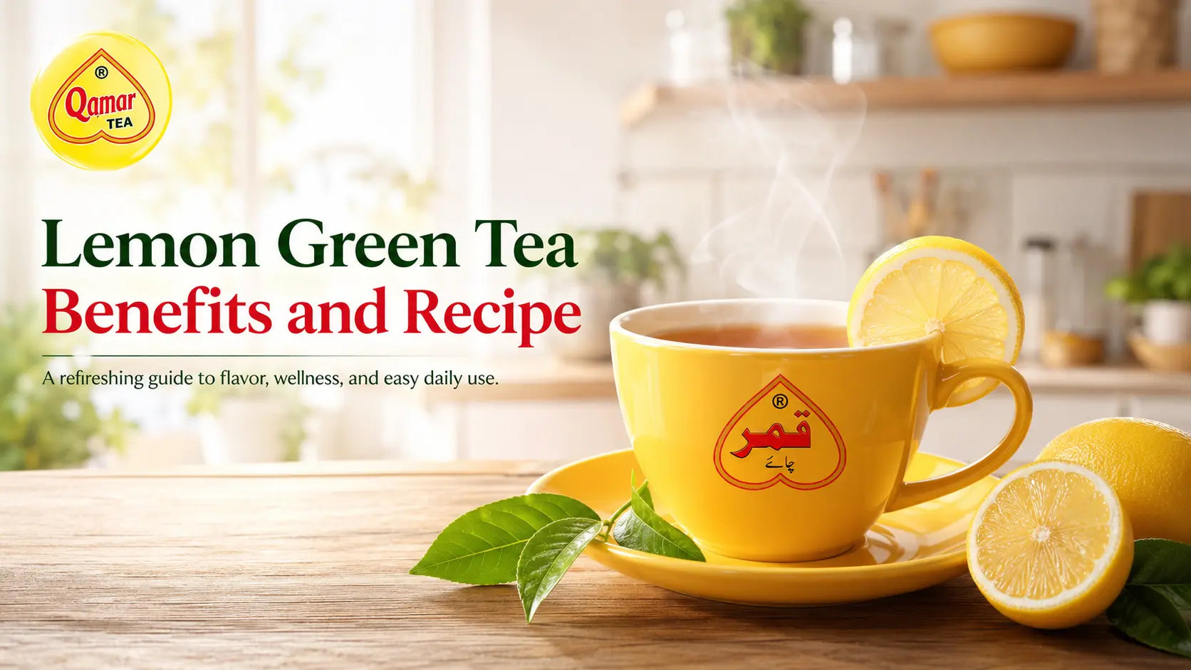 Promotional wellness banner for lemon green tea benefits, featuring a hot yellow mug and sliced citrus on a table.