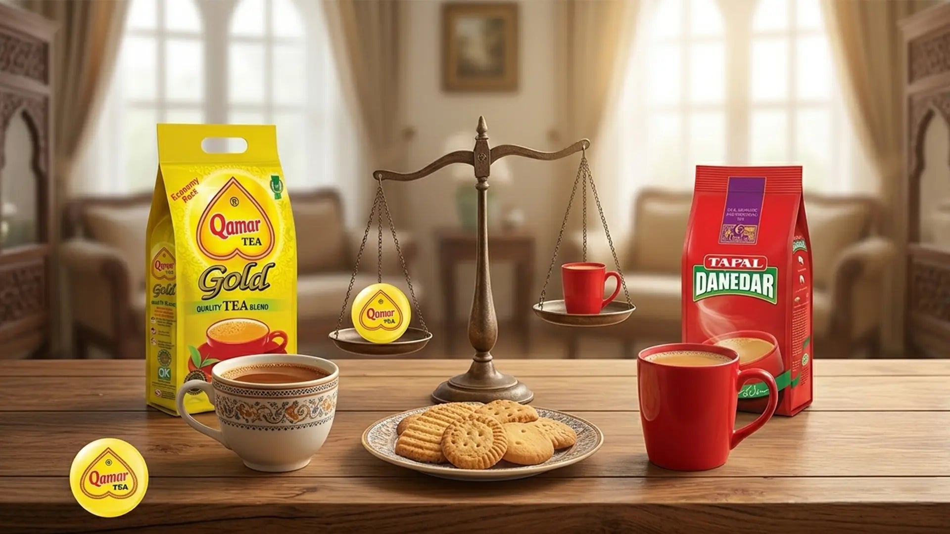 Qamar Tea Gold and Tapal Danedar packaging on a wooden table with tea cups and biscuits.