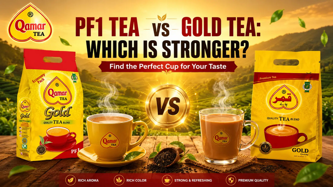 Infographic comparing Qamar PF1 Tea vs Gold Tea to determine strength, featuring two hot cups of chai.