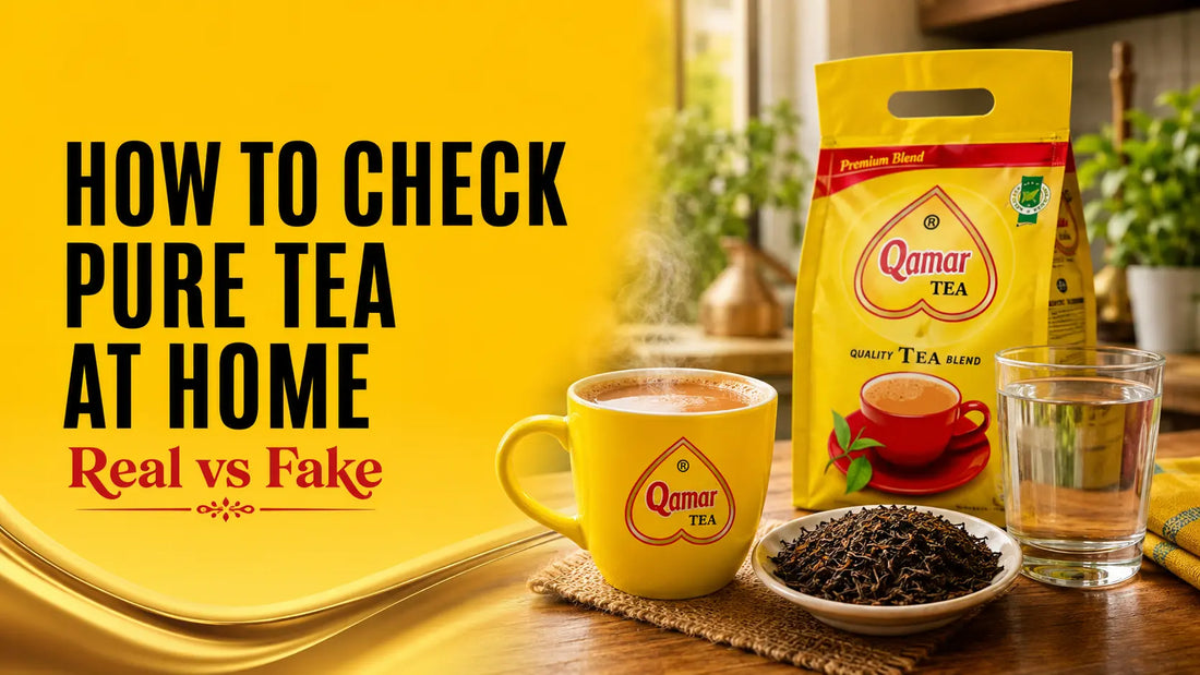 Educational graphic explaining how to test pure vs fake tea at home with a hot yellow mug and a glass of water.