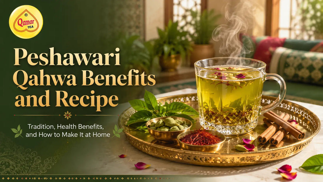 A traditional cup of green Peshawari Qahwa herbal tea garnished with rose petals and served with whole spices.
