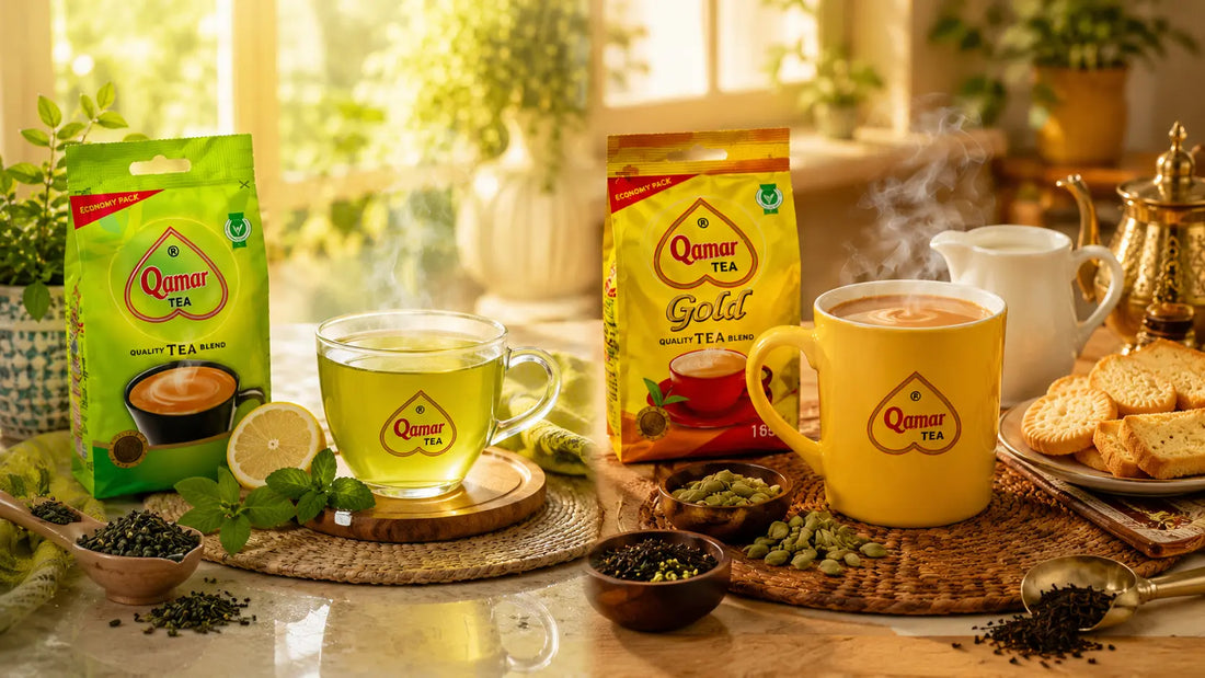Three hot cups of tea surrounded by a rich spread of evening snacks, biscuits, and fruits.