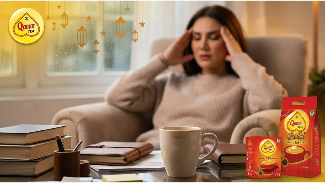 Qamar Tea Gold packaging with a steaming mug and a woman relaxing at home.