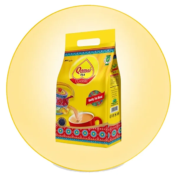Qamar Tea Classic packs displayed on a yellow background, highlighting the classic quality tea blend range.
