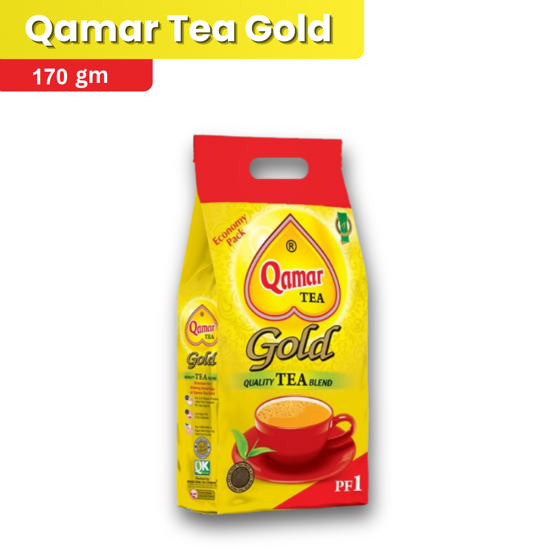 Qamar Tea Gold packaging with a red handle on a white background
