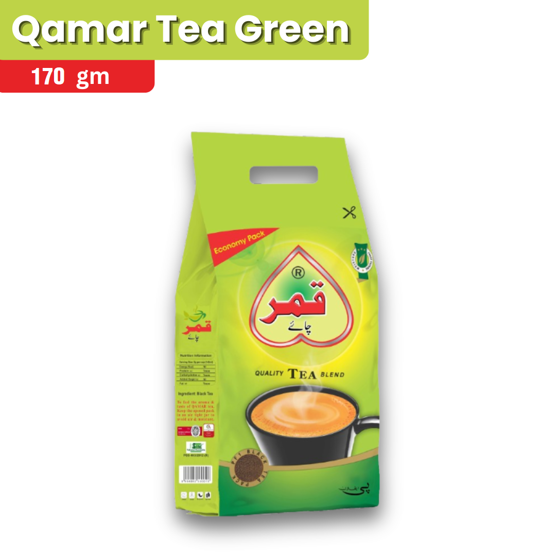 Green tea package with Qamar Tea Green branding on a white background