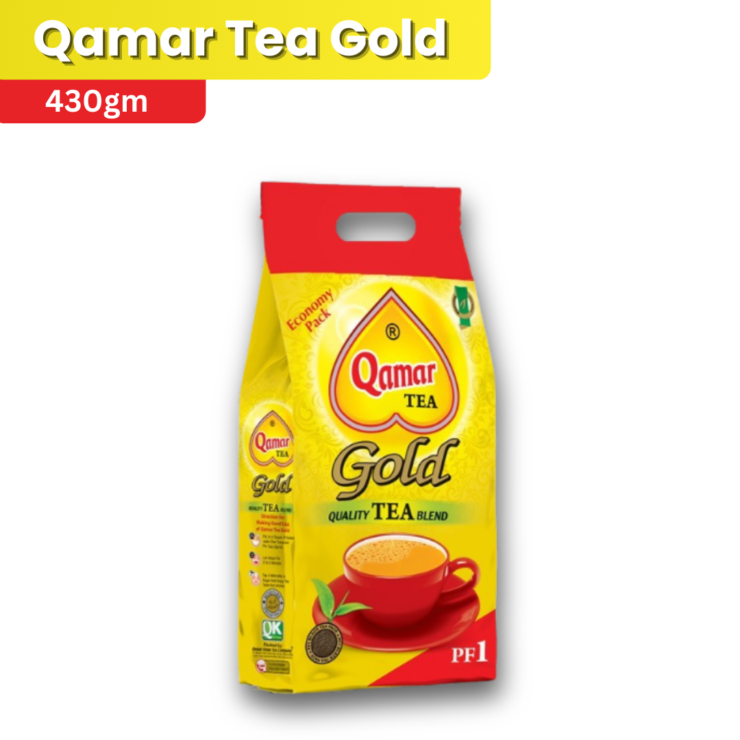 Qamar Tea Gold packaging with a red handle on a white background