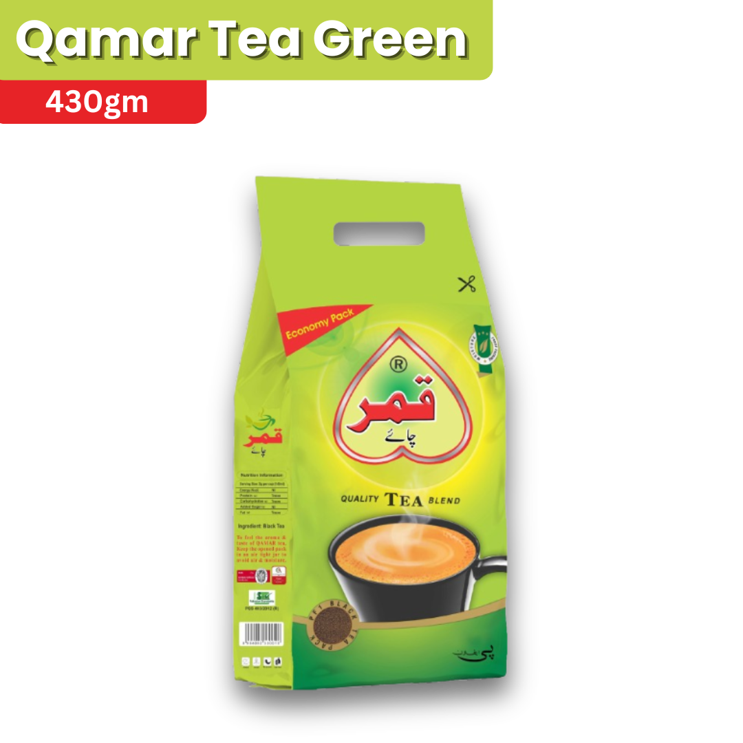 Qamar Tea Green packaging with a green background