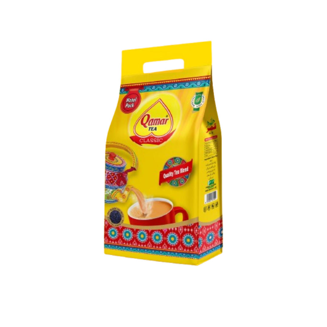 Yellow Qamar Tea package with colorful design on a white background