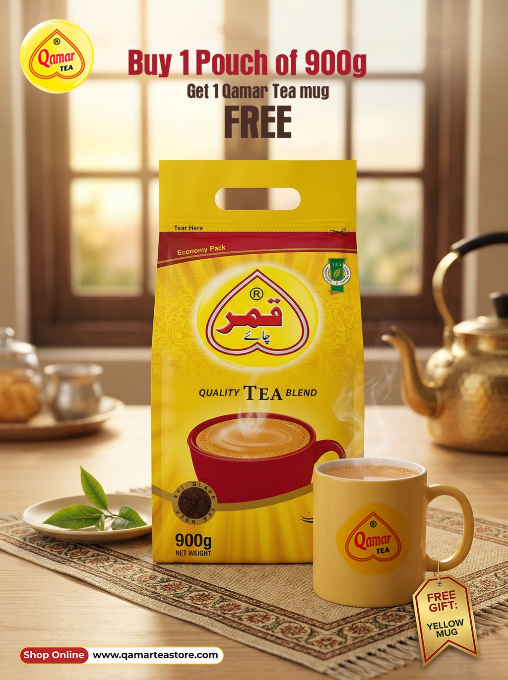 Qamar Tea package with a free tea mug on a table setting