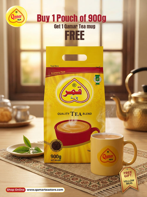 Qamar Tea package with a free tea mug on a table setting