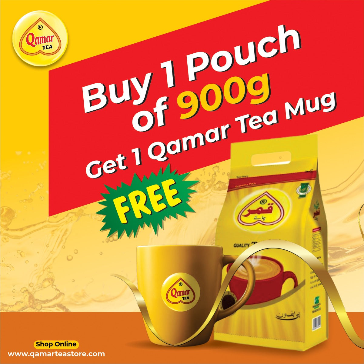 Promotional advertisement for Qamar Tea with a tea bag and mug, featuring a buy-one-get-one-free offer.