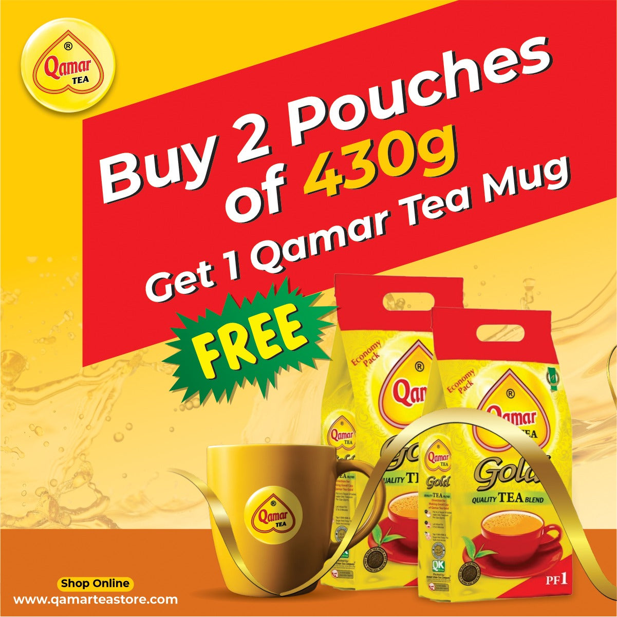 Qamar Tea promotional offer with tea packages and mug on a yellow and red background