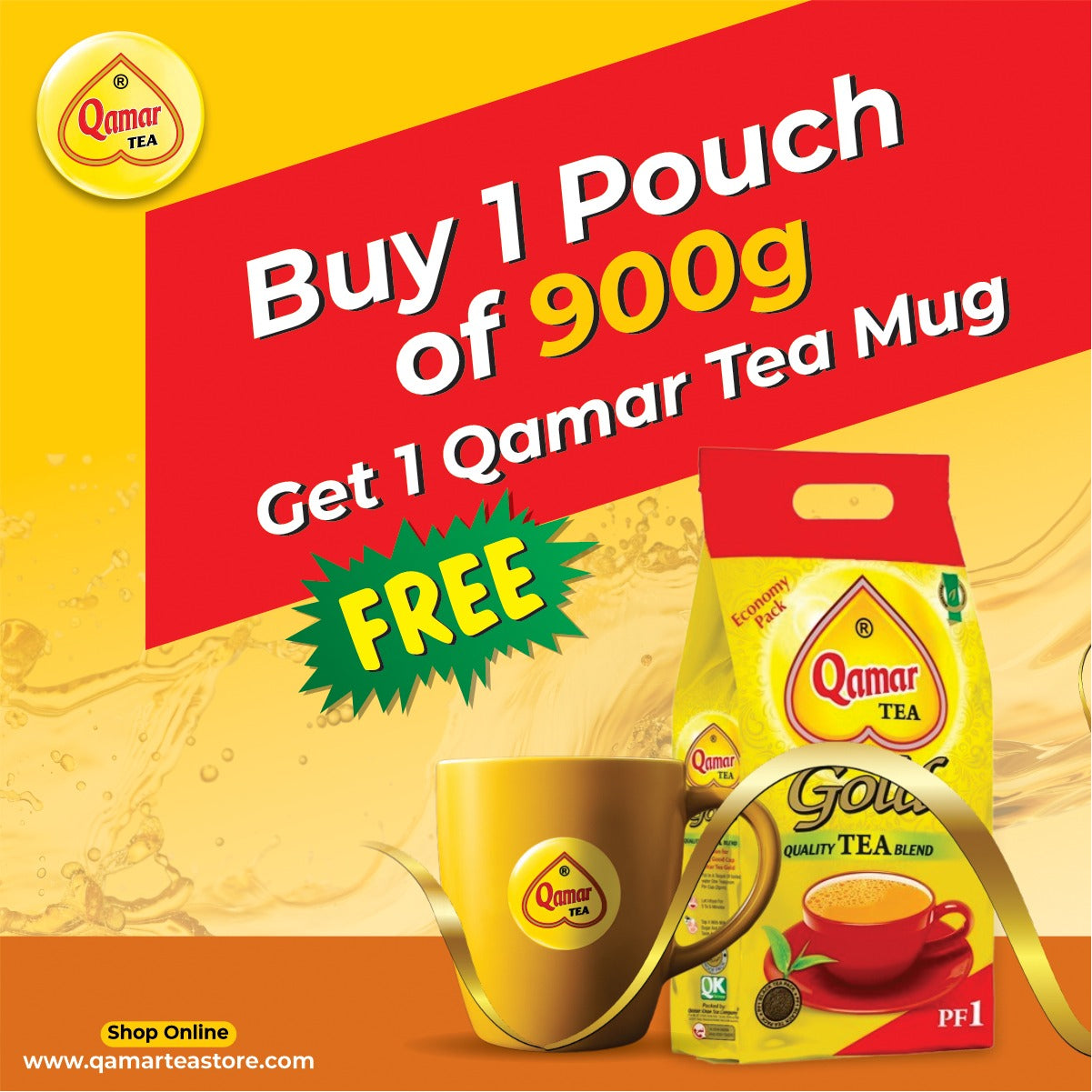 Promotional advertisement for Qamar Tea with a tea mug and tea package on a yellow and red background.