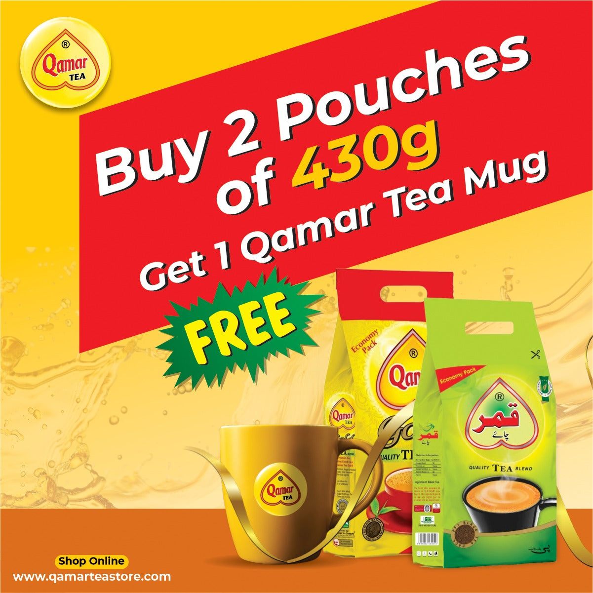 Promotional advertisement for Qamar Tea with tea packages and a mug on a yellow and red background.