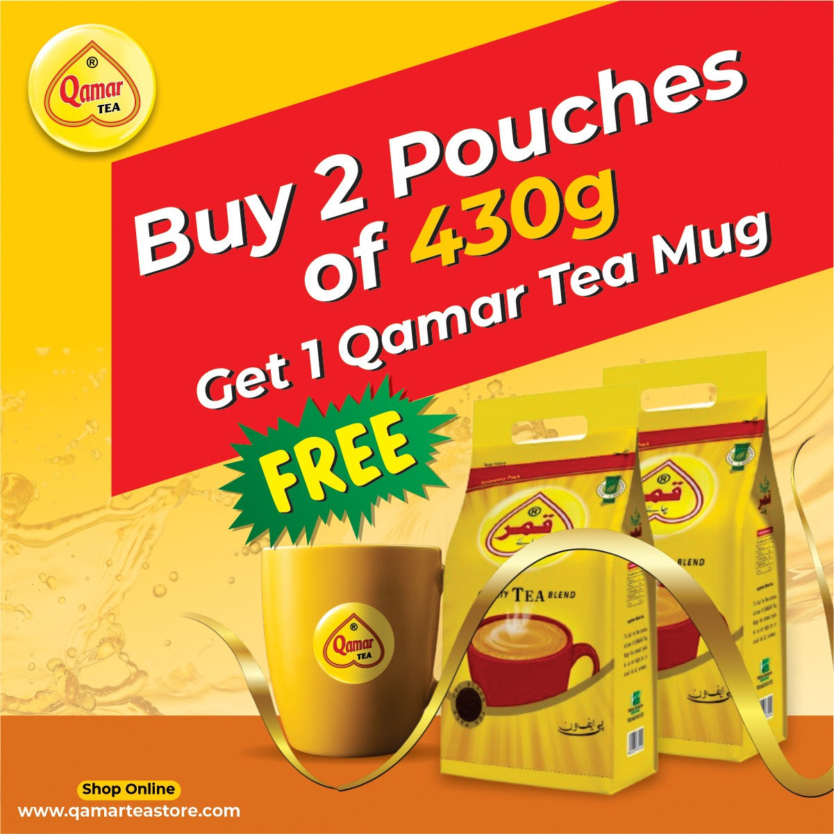 buy 2 pouches of 430g get 1 qamar tea mug