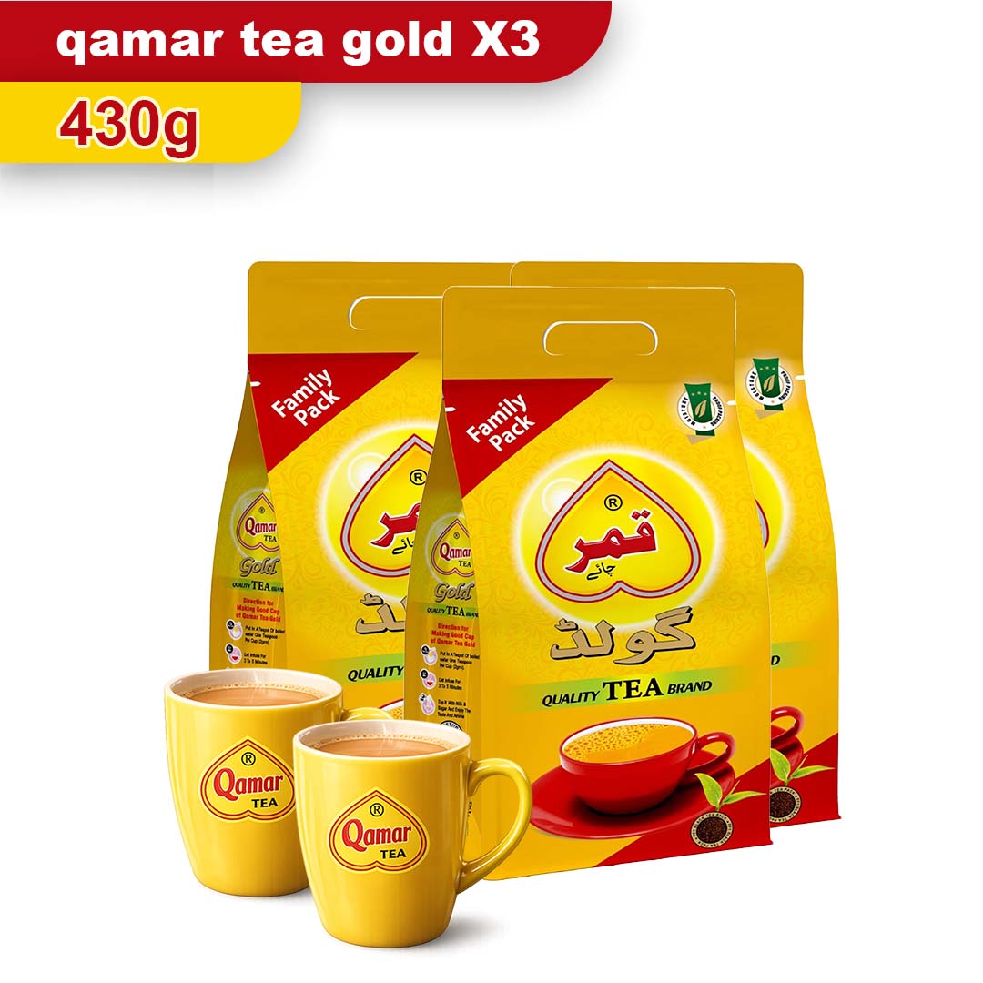 Qamar Tea Gold Pouch 430g – Pack of 3 Bundle + 2 Free Mugs