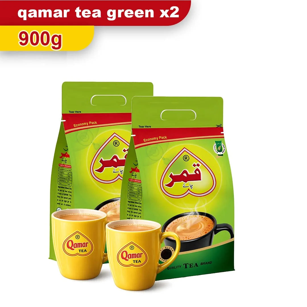 Qamar Tea Green Pouch 900g – Pack of 2 + 2 Free Mugs