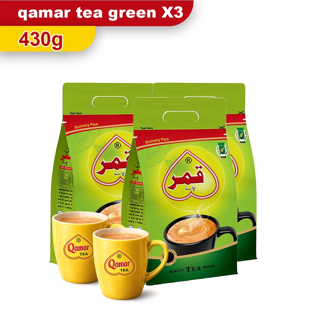 Qamar Tea Green Pouch 430g – Pack of 3 Bundle + 2 Free Mugs